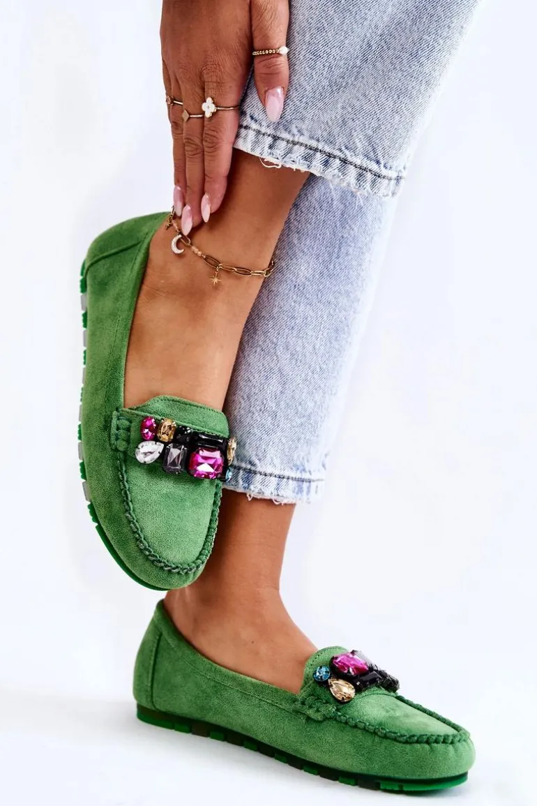 Damskie Zamszowe Mokasyny Z Ozdobami Zielone Janetta