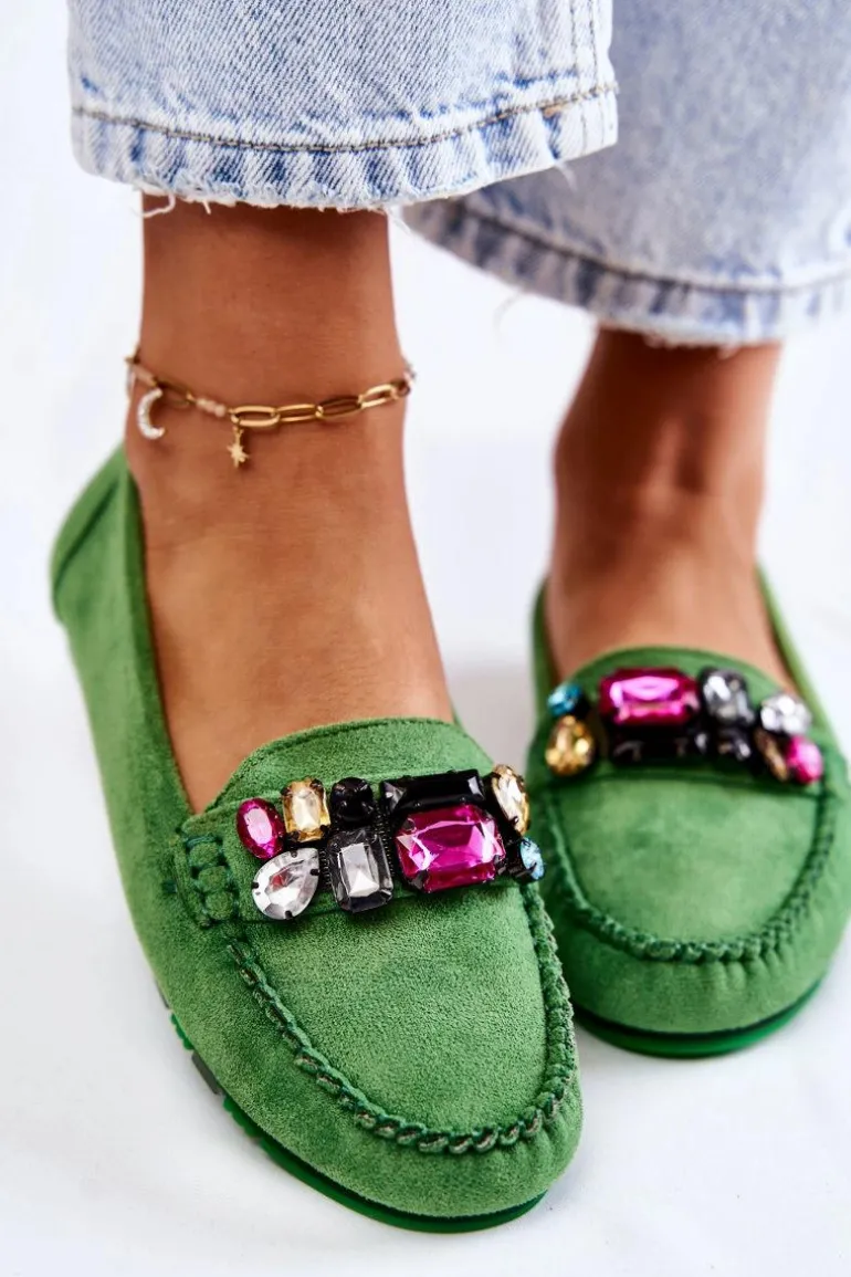 Damskie Zamszowe Mokasyny Z Ozdobami Zielone Janetta