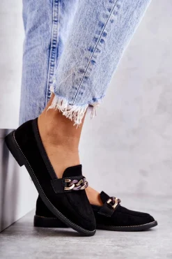 Damskie Zamszowe Mokasyny Z Łańcuszkiem Czarne Nolie