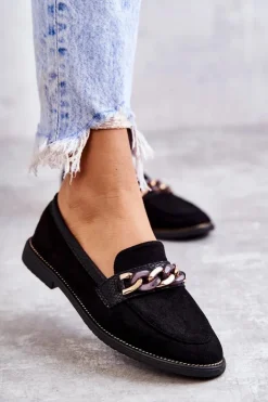 Damskie Zamszowe Mokasyny Z Łańcuszkiem Czarne Nolie