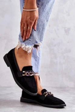 Damskie Zamszowe Mokasyny Z Łańcuszkiem Czarne Nolie