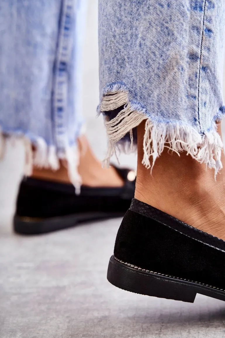 Damskie Zamszowe Mokasyny Z Łańcuszkiem Czarne Nolie