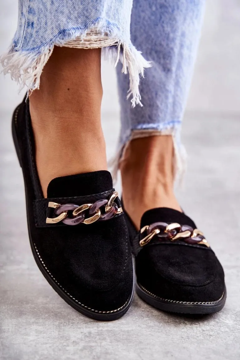Damskie Zamszowe Mokasyny Z Łańcuszkiem Czarne Nolie