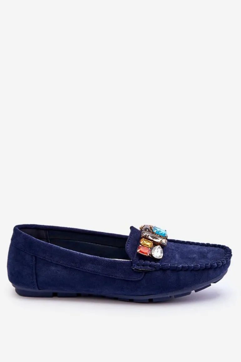 Damskie Zamszowe Mokasyny Z Kryształkami Granatowe Lucille