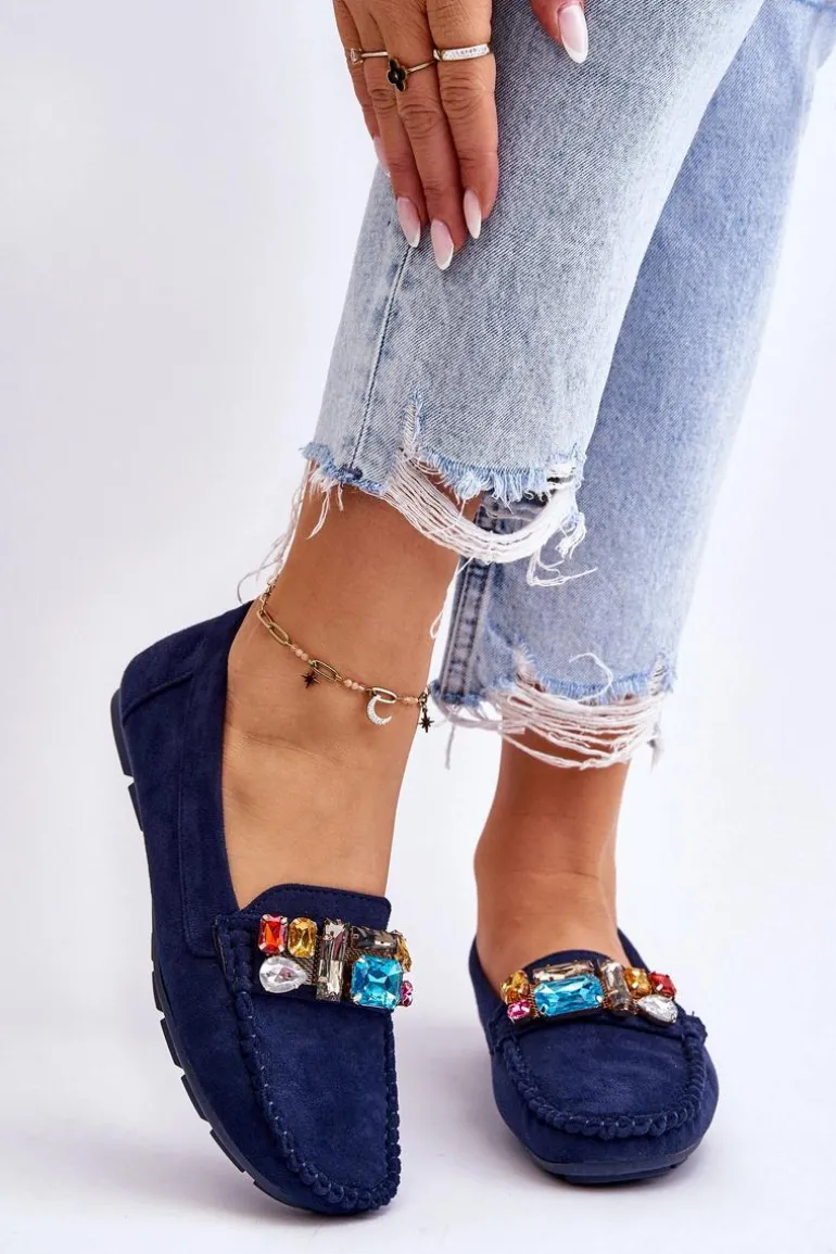 Damskie Zamszowe Mokasyny Z Kryształkami Granatowe Lucille