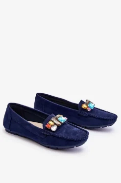 Damskie Zamszowe Mokasyny Z Kryształkami Granatowe Lucille