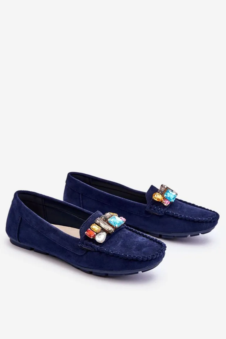 Damskie Zamszowe Mokasyny Z Kryształkami Granatowe Lucille