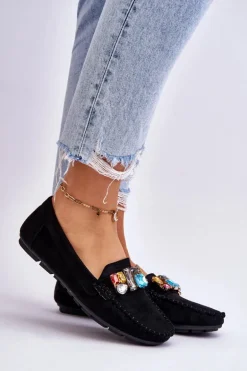 Damskie Zamszowe Mokasyny Z Kryształkami Granatowe Lucille