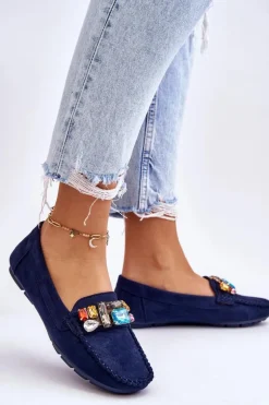 Damskie Zamszowe Mokasyny Z Kryształkami Granatowe Lucille