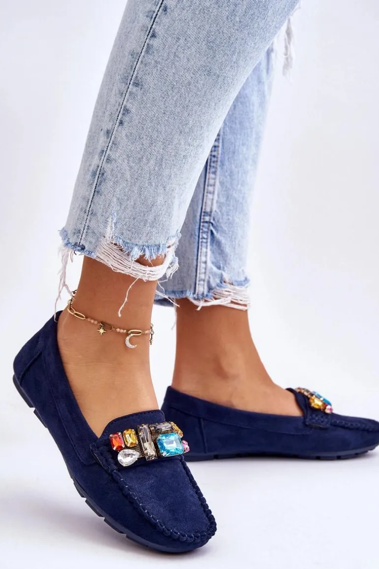 Damskie Zamszowe Mokasyny Z Kryształkami Granatowe Lucille