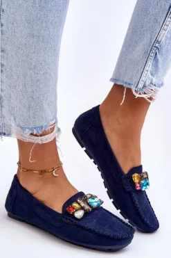 Damskie Zamszowe Mokasyny Z Kryształkami Granatowe Lucille