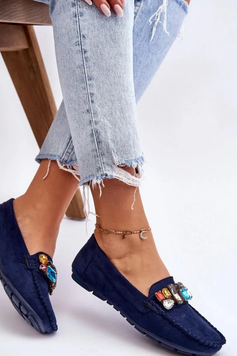 Damskie Zamszowe Mokasyny Z Kryształkami Granatowe Lucille