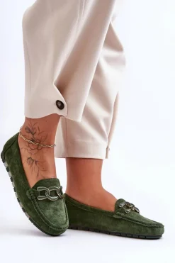 Damskie Zamszowe Mokasyny Na Płaskiej Podeszwie Zielone Appia