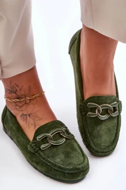 Damskie Zamszowe Mokasyny Na Płaskiej Podeszwie Zielone Appia