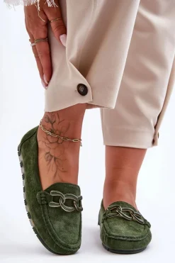 Damskie Zamszowe Mokasyny Na Płaskiej Podeszwie Zielone Appia