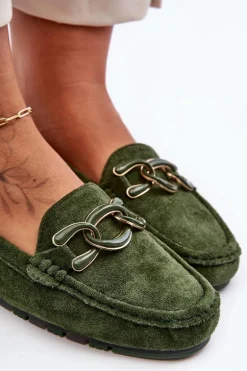 Damskie Zamszowe Mokasyny Na Płaskiej Podeszwie Zielone Appia