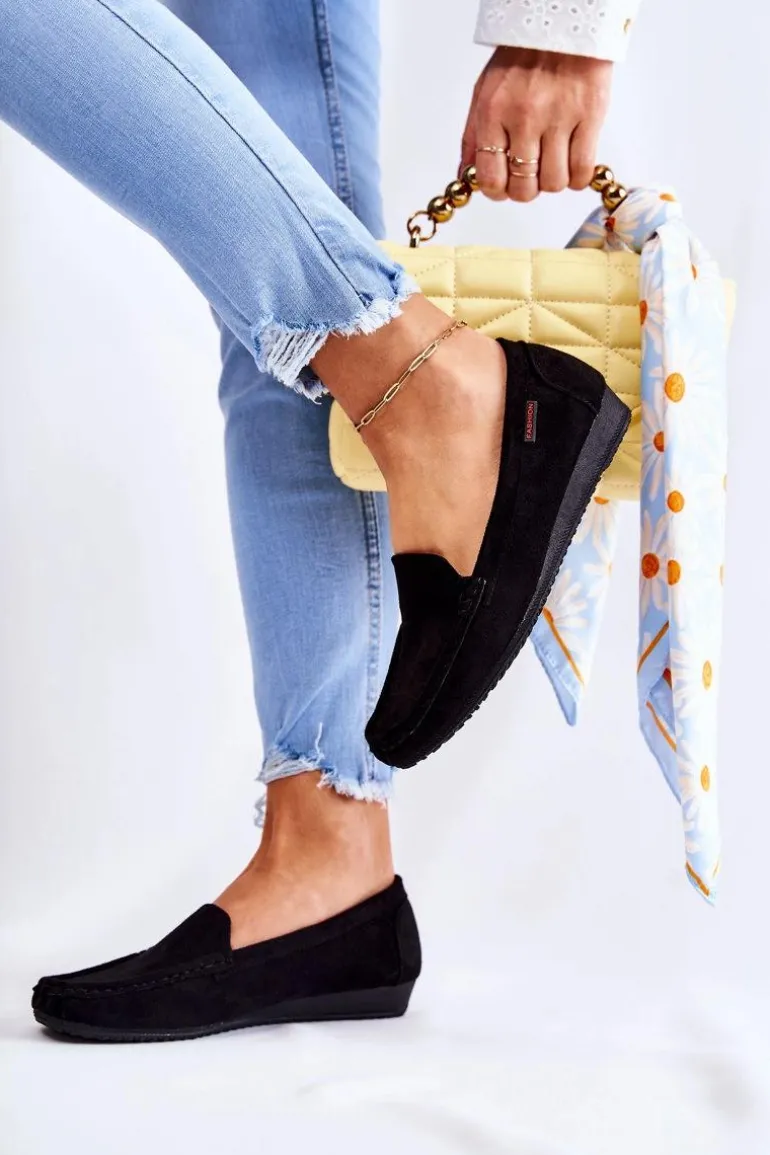 Damskie Zamszowe Mokasyny Na Koturnie Czarne La Cava