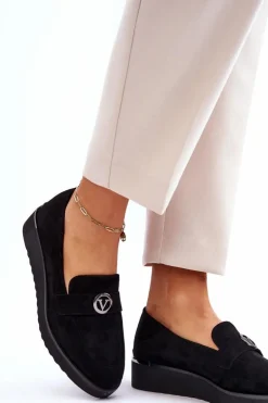 Damskie Zamszowe Mokasyny Na Niskim Koturnie Czarne Synthia