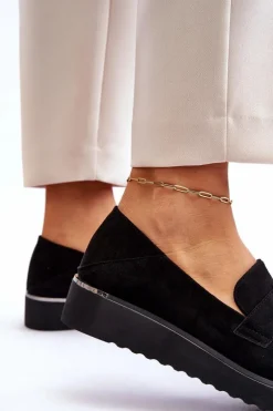 Damskie Zamszowe Mokasyny Na Niskim Koturnie Czarne Synthia