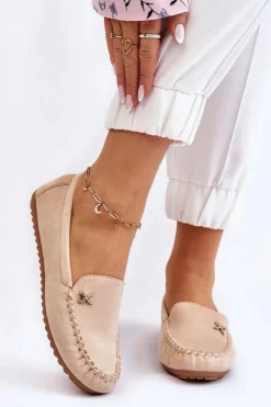 Damskie Zamszowe Mokasyny Z Ozdobą Beżowe Leah