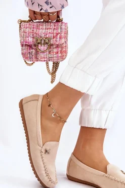 Damskie Zamszowe Mokasyny Z Ozdobą Beżowe Leah