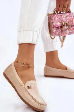 Damskie Zamszowe Mokasyny Z Ozdobą Beżowe Leah