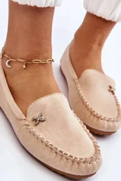 Damskie Zamszowe Mokasyny Z Ozdobą Beżowe Leah