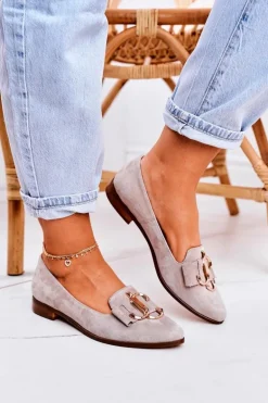 Damskie Zamszowe Mokasyny Baleriny Beżowe Mary-Jane