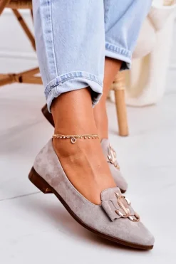 Damskie Zamszowe Mokasyny Baleriny Beżowe Mary-Jane