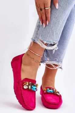 Damskie Zamszowe Mokasyny Z Kryształkami Fuksja Lucille