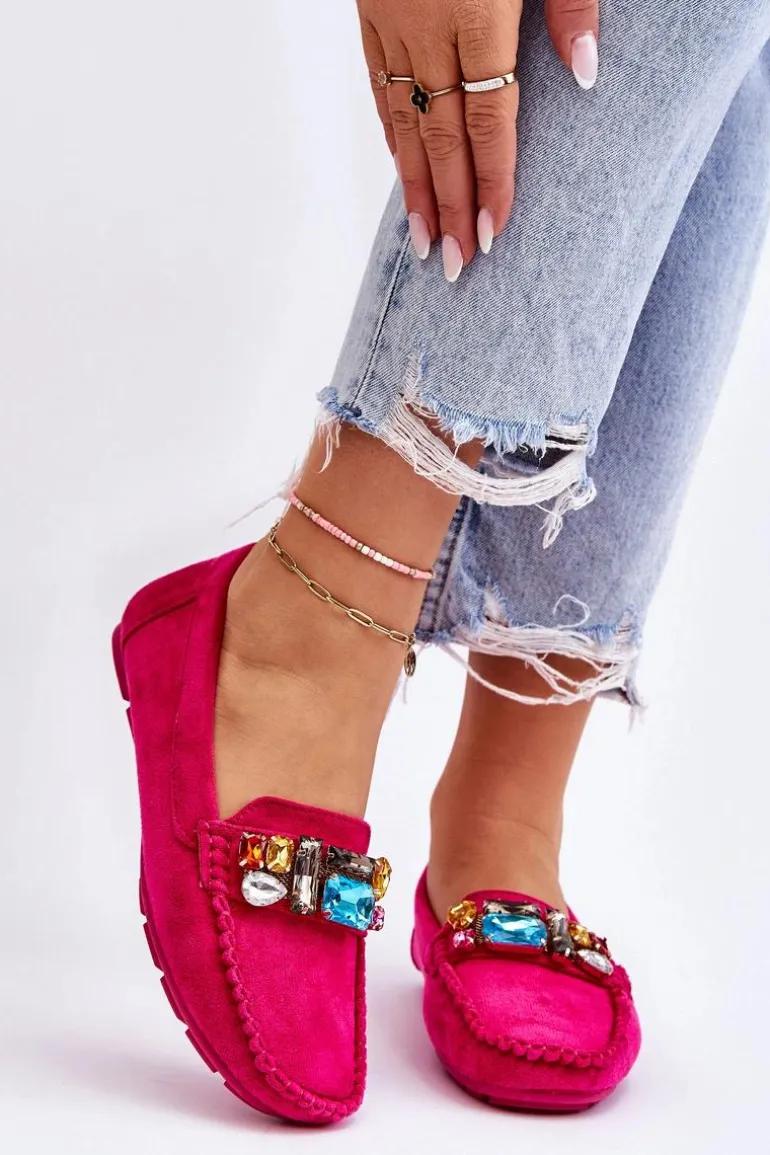 Damskie Zamszowe Mokasyny Z Kryształkami Fuksja Lucille