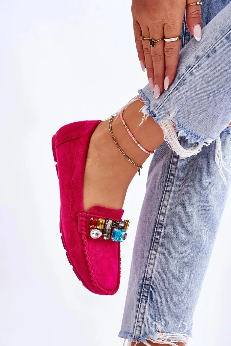 Damskie Zamszowe Mokasyny Z Kryształkami Fuksja Lucille