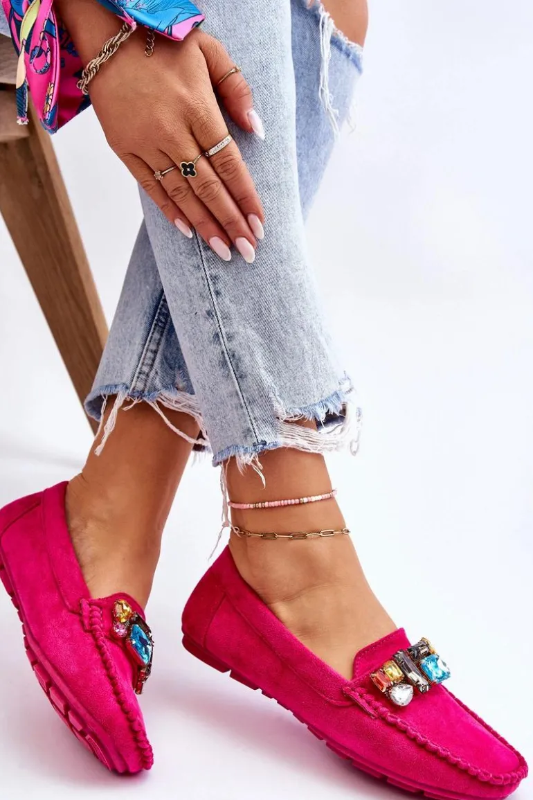 Damskie Zamszowe Mokasyny Z Kryształkami Fuksja Lucille