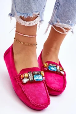 Damskie Zamszowe Mokasyny Z Kryształkami Fuksja Lucille