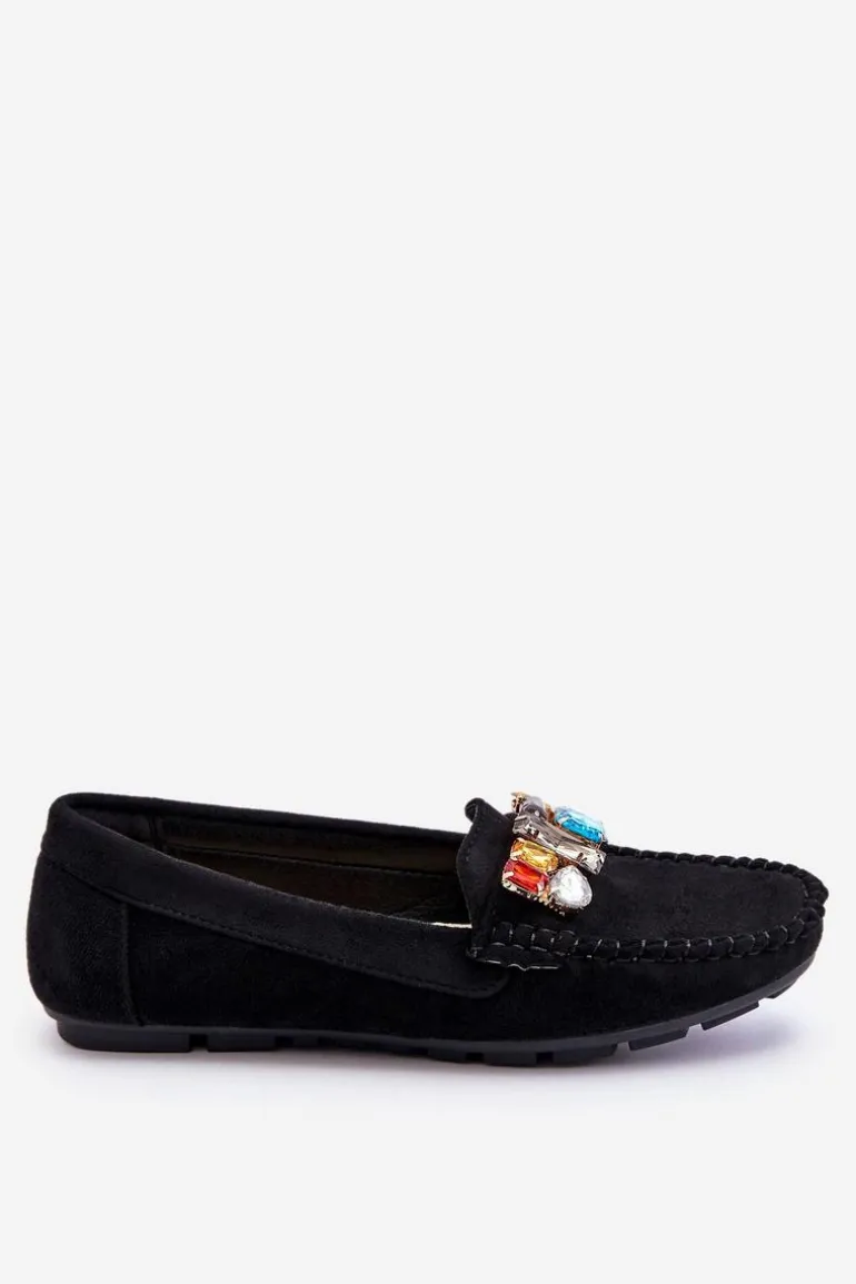 Damskie Zamszowe Mokasyny Z Kryształkami Czarne Lucille
