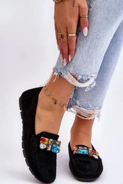 Damskie Zamszowe Mokasyny Z Kryształkami Czarne Lucille