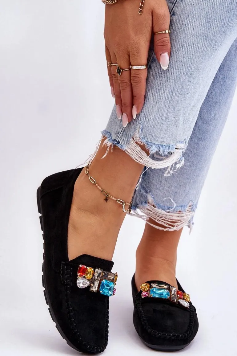 Damskie Zamszowe Mokasyny Z Kryształkami Czarne Lucille