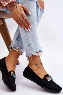 Damskie Zamszowe Mokasyny Z Kryształkami Czarne Lucille