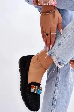 Damskie Zamszowe Mokasyny Z Kryształkami Czarne Lucille