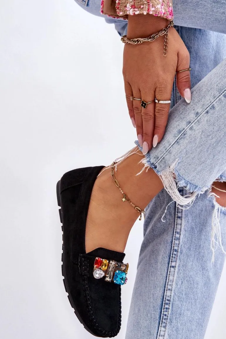 Damskie Zamszowe Mokasyny Z Kryształkami Czarne Lucille