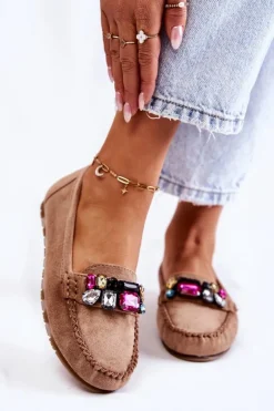 Damskie Zamszowe Mokasyny Z Ozdobami Beżowe Janetta