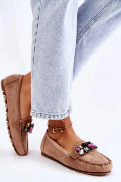 Damskie Zamszowe Mokasyny Z Ozdobami Beżowe Janetta