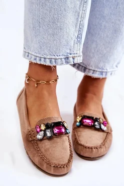 Damskie Zamszowe Mokasyny Z Ozdobami Beżowe Janetta