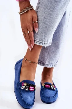 Damskie Zamszowe Mokasyny Z Ozdobami Niebieskie Janetta