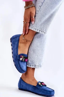 Damskie Zamszowe Mokasyny Z Ozdobami Niebieskie Janetta