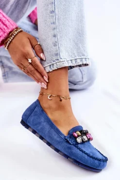 Damskie Zamszowe Mokasyny Z Ozdobami Niebieskie Janetta