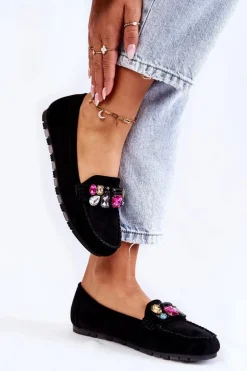 Damskie Zamszowe Mokasyny Z Ozdobami Czarne Janetta