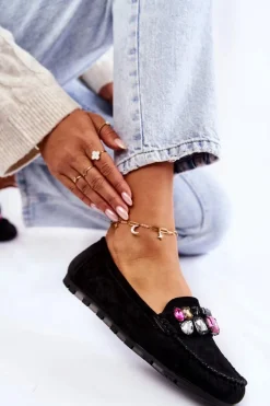 Damskie Zamszowe Mokasyny Z Ozdobami Czarne Janetta