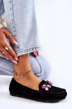 Damskie Zamszowe Mokasyny Z Ozdobami Czarne Janetta