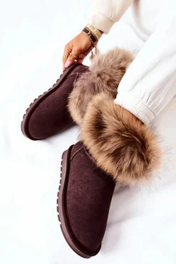 Damskie Zamszowe Śniegowce Z Futerkiem Brązowe Alexa